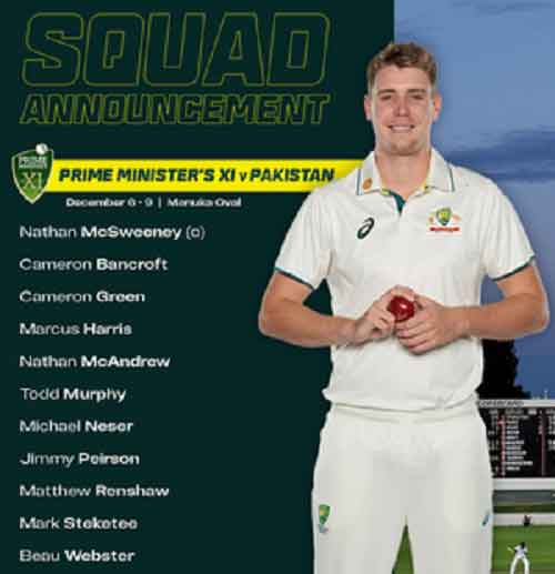 Nathan McSweeney to captain as Australia PM’s XI squad announced to face Pakistan