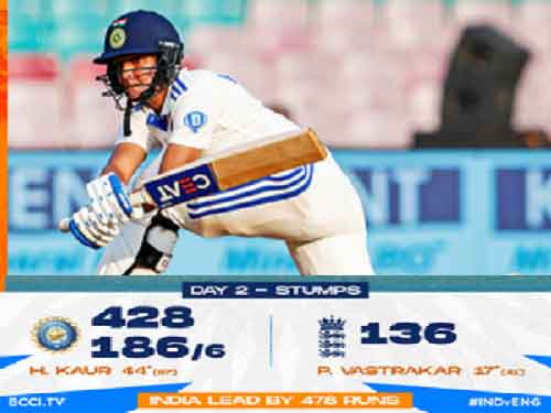 IND w v ENG W: Deepti’s 5-7; Harman’s 44* help India take control as 19 wickets fall on Day 2