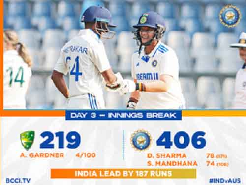IND W v AUS W: India post 406 in first innings, lead Australia by 187 runs in one-off Test