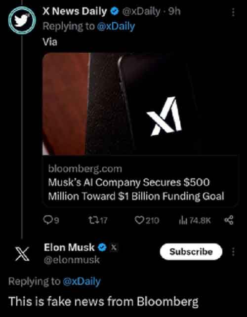 Musk denies report claiming his AI firm secured $500 mn funding