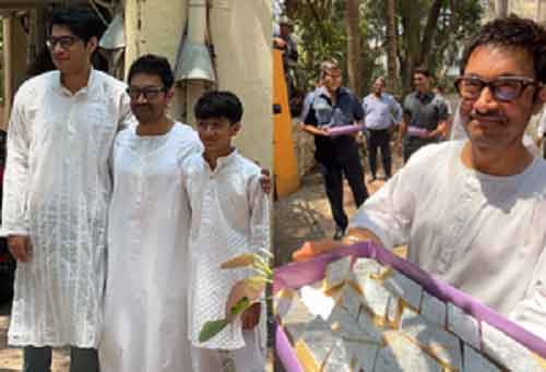 ‘Eid Mubarak’: Aamir poses with sons Junaid and Azad at home; distributes sweets to paps