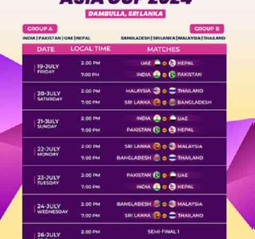 India to meet Pakistan on July 19, opening day of Women’s T20 Asia Cup 2024