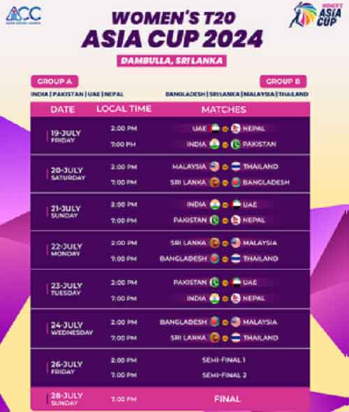 India to meet Pakistan on July 19, opening day of Women’s T20 Asia Cup 2024