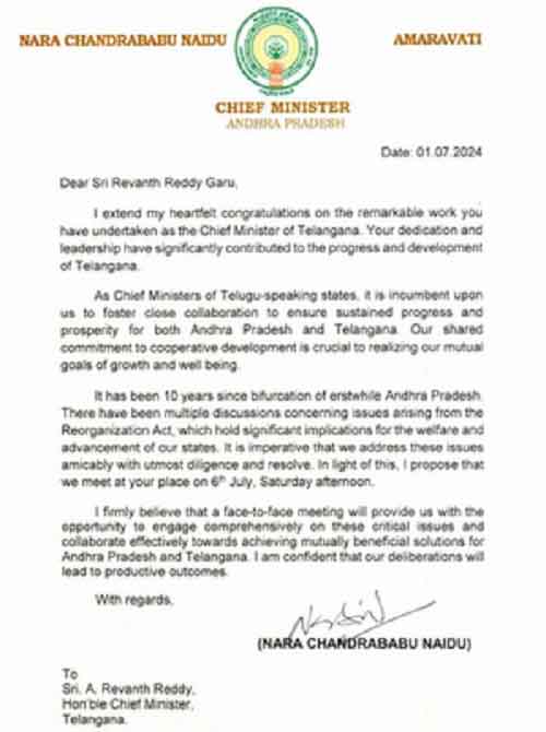 Chandrababu Naidu proposes meeting with Revanth Reddy to discuss post-bifurcation issues