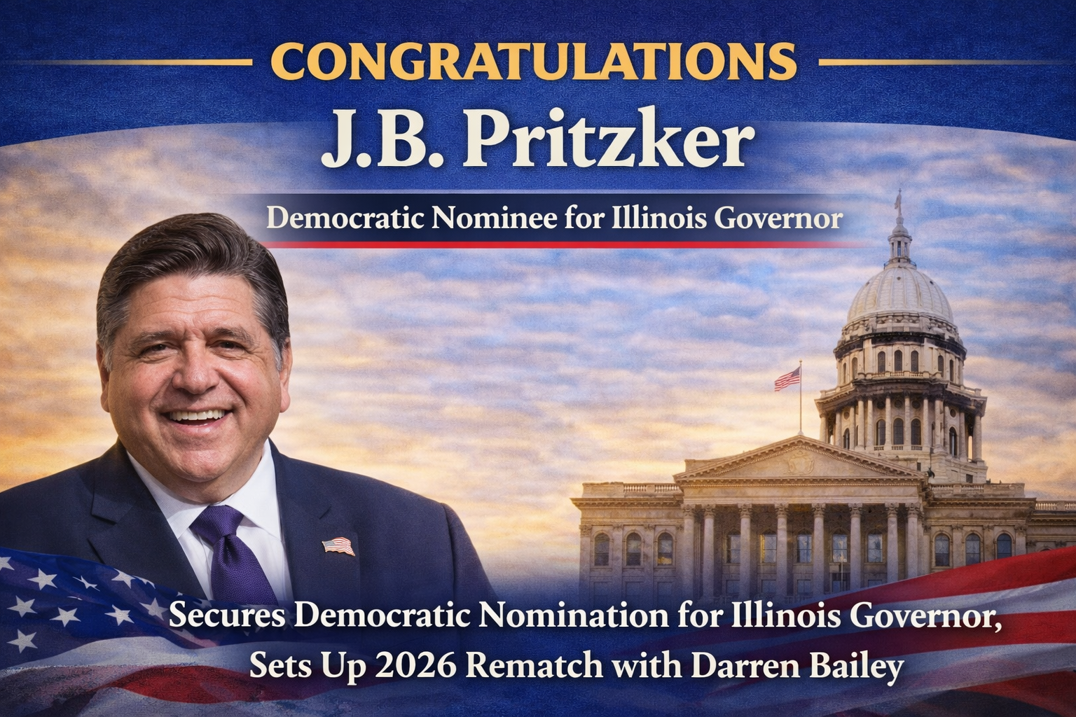 J.B. Pritzker secures Democratic nomination for Illinois governor, sets up 2026 rematch with Darren Bailey