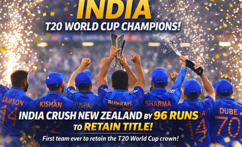 India crush New Zealand by 96 runs to retain T20 World Cup title in historic Ahmedabad final