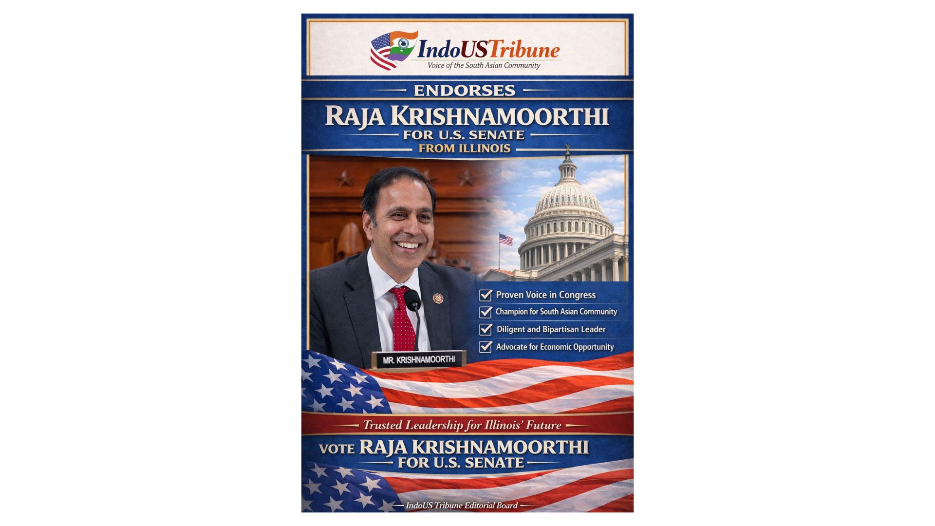 IndoUS Tribune endorses Raja Krishnamoorthi for the United States Senate from Illinois