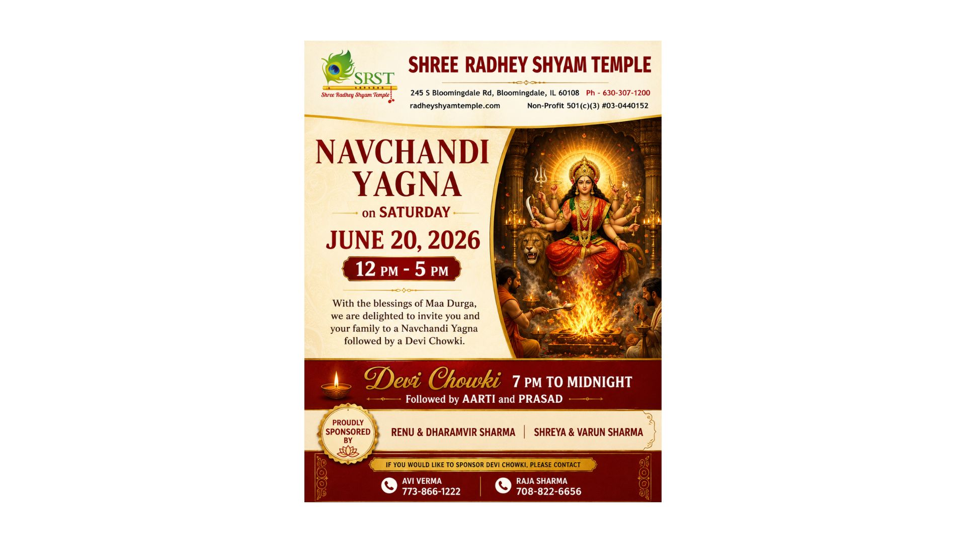 Shree Radhey Shyam Temple to host Chandi Mahayagna and Mata Ki Chowki in Bloomingdale