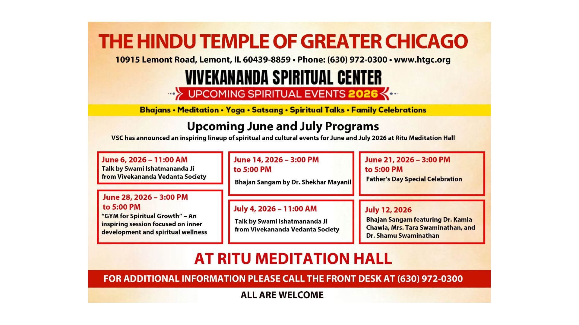 Vivekananda Spiritual Center announces summer 2026 spiritual programs