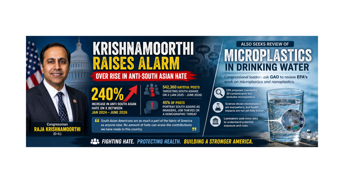 Krishnamoorthi raises alarm over rise in anti-South Asian hate; also seeks review of microplastics in drinking water