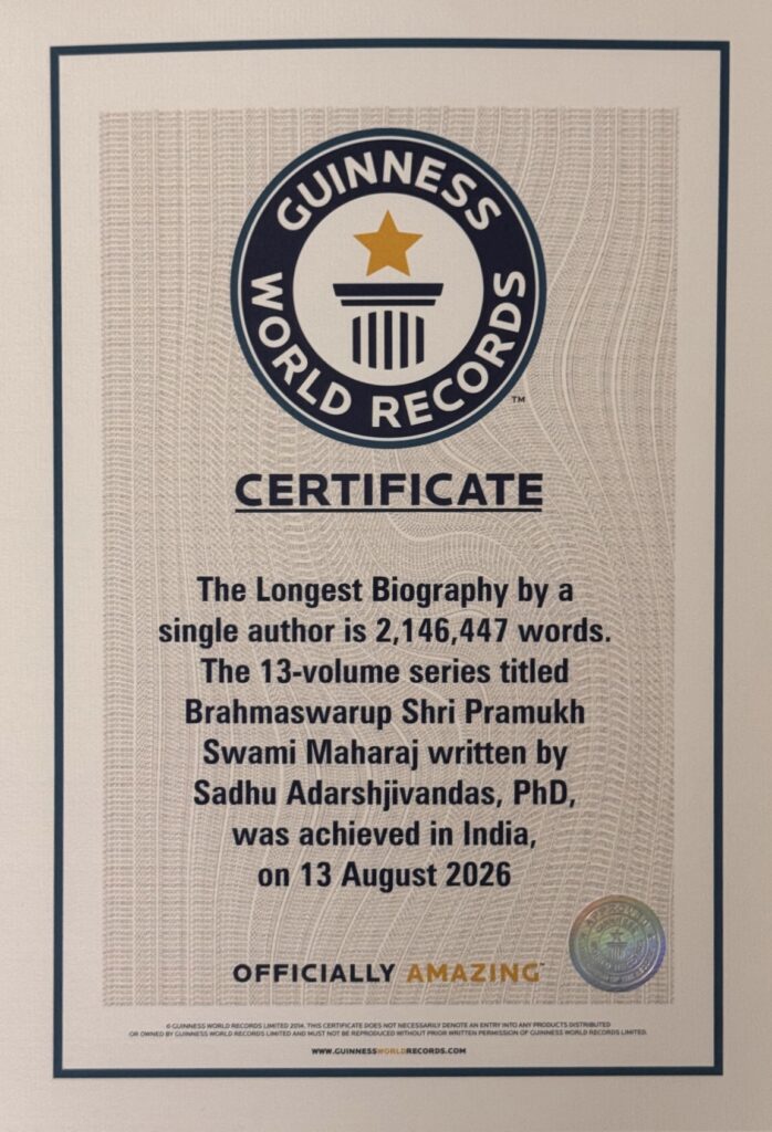 Guinness recognises 13-volume biography of Pramukh Swami Maharaj